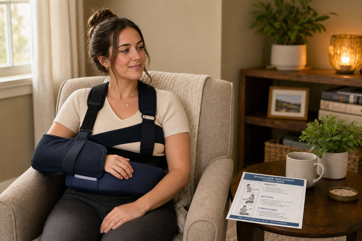 Patient wearing a shoulder sling after rotator cuff repair surgery, resting at home during early recovery.