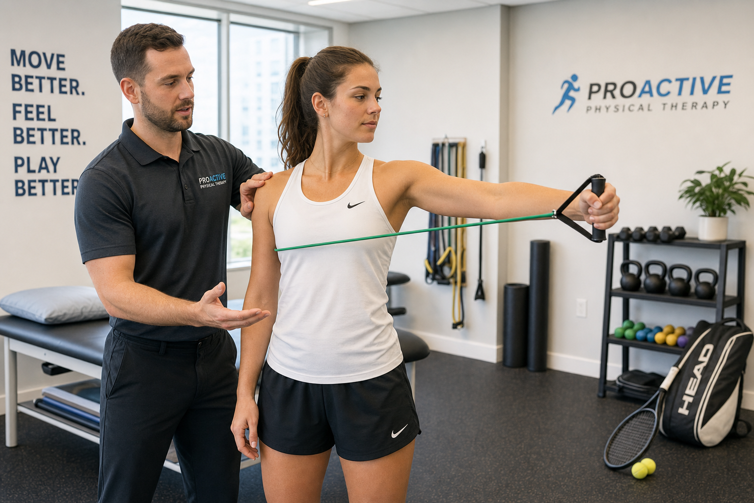 Physical therapist guiding a tennis player through shoulder strengthening exercises with a resistance band during post-surgery rehabilitation