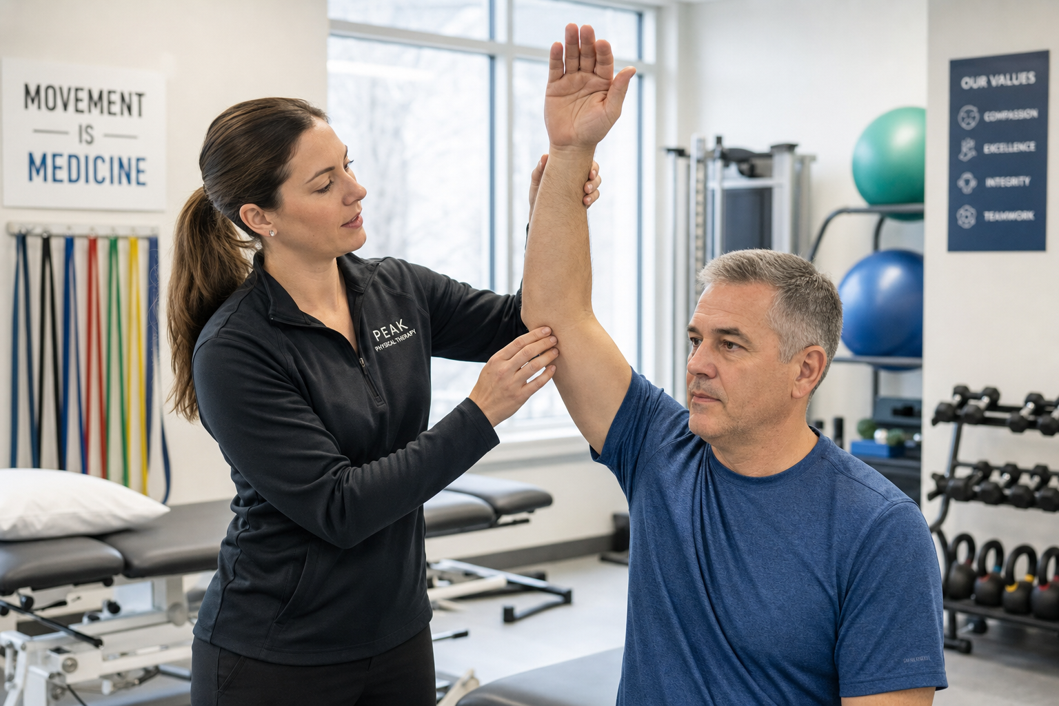 Physical therapist assisting a patient with shoulder range-of-motion rehabilitation exercises