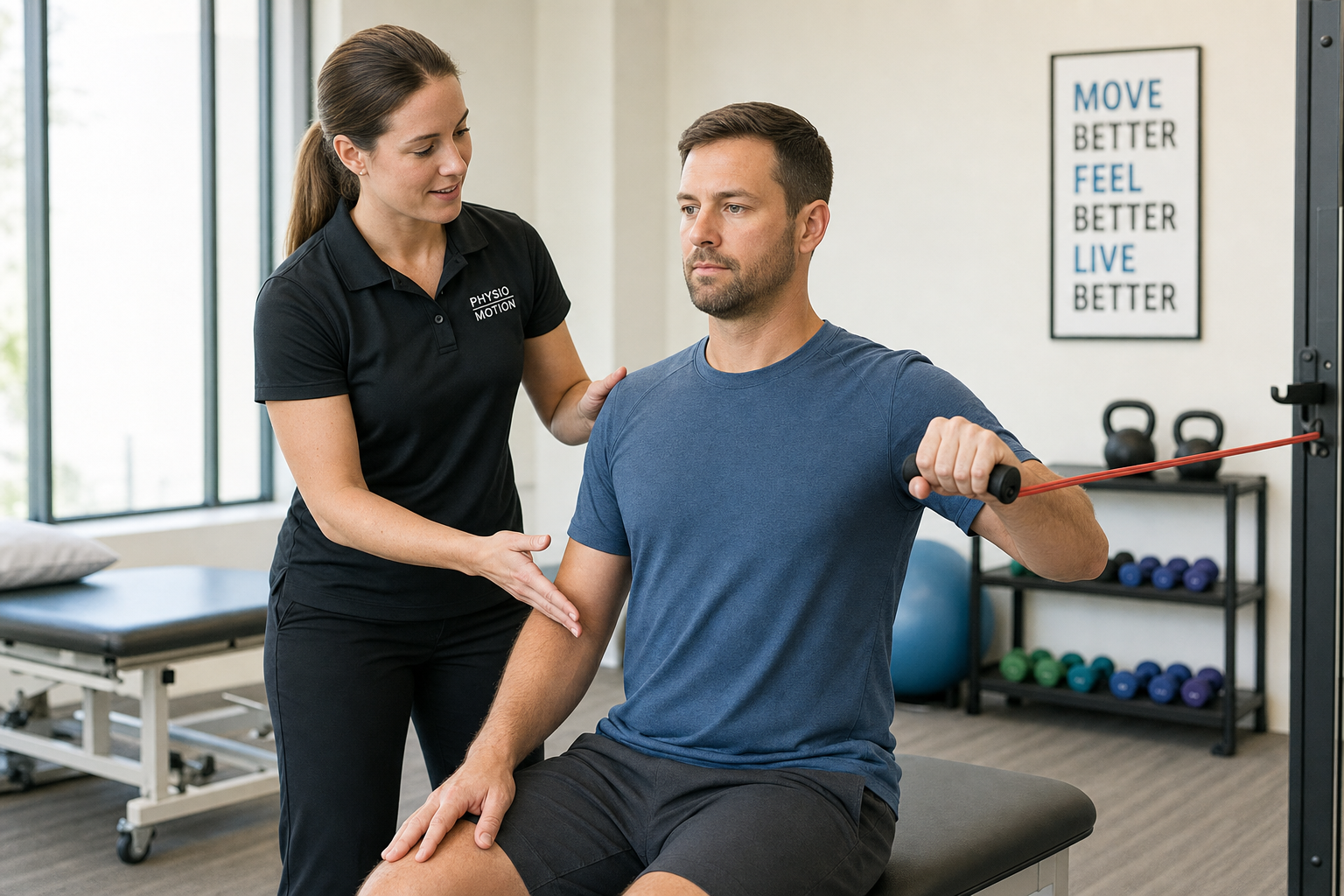 Physical therapist assisting a patient with shoulder rotator cuff rehabilitation exercises using a resistance band