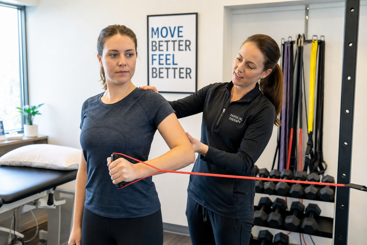 Patient performing shoulder resistance band exercise during rotator cuff physical therapy rehabilitation