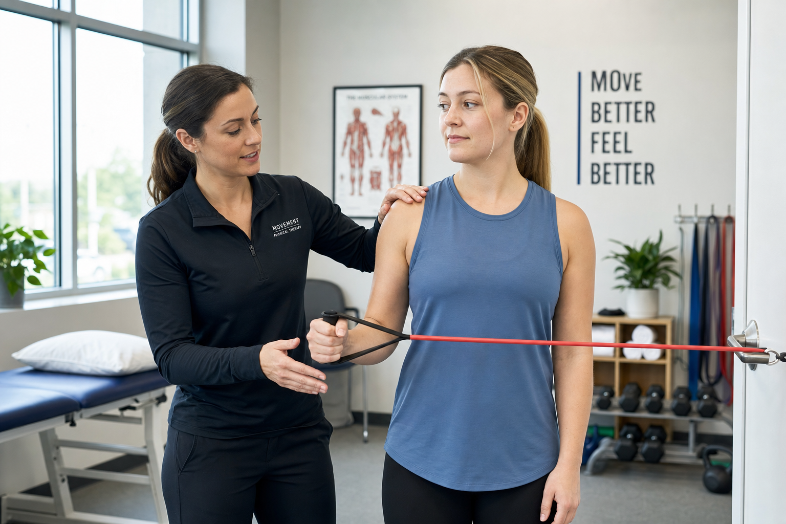 Physical therapist guiding a patient through a shoulder resistance band exercise during rotator cuff rehabilitation