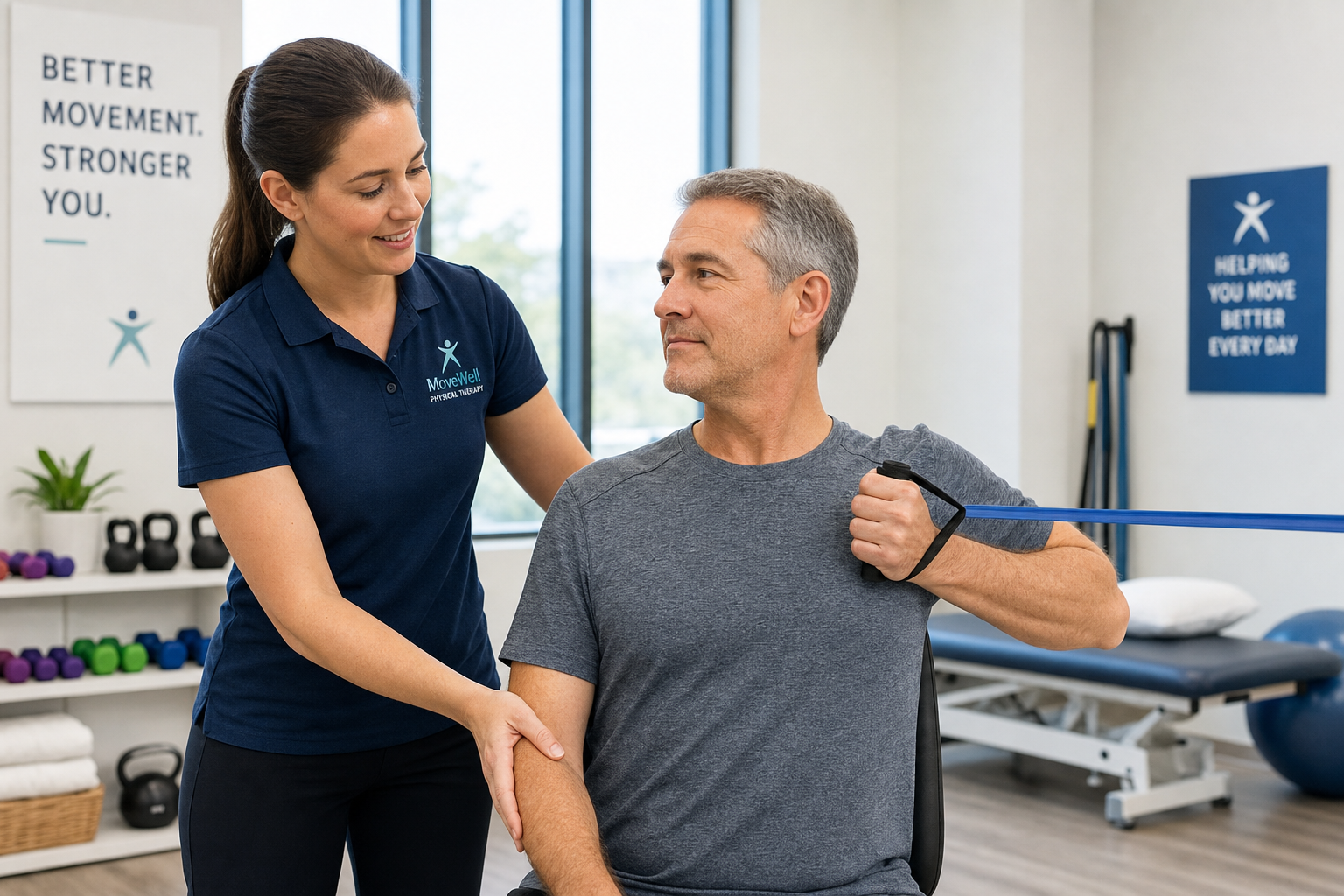 Physical therapist assisting a patient with shoulder range-of-motion exercises in a rehabilitation clinic