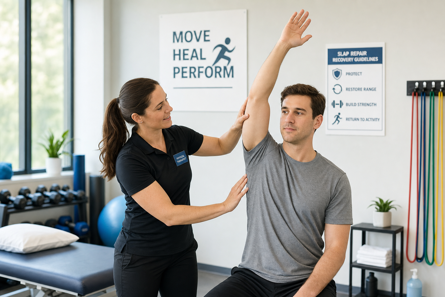 Physical therapist assisting a patient with shoulder range-of-motion exercises during SLAP repair recovery
