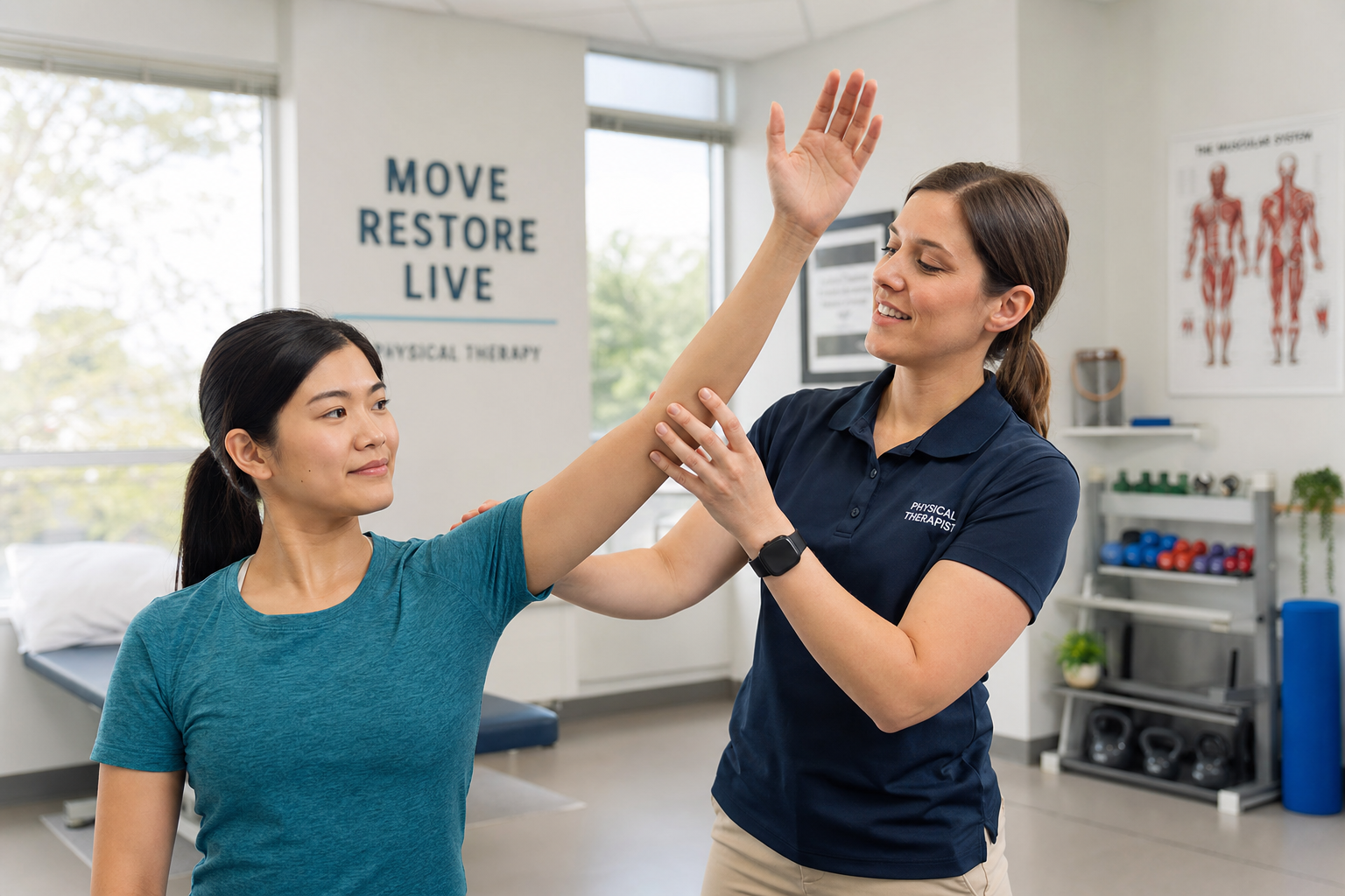 Physical therapist assisting a patient with shoulder elevation exercises during post-surgical rehabilitation