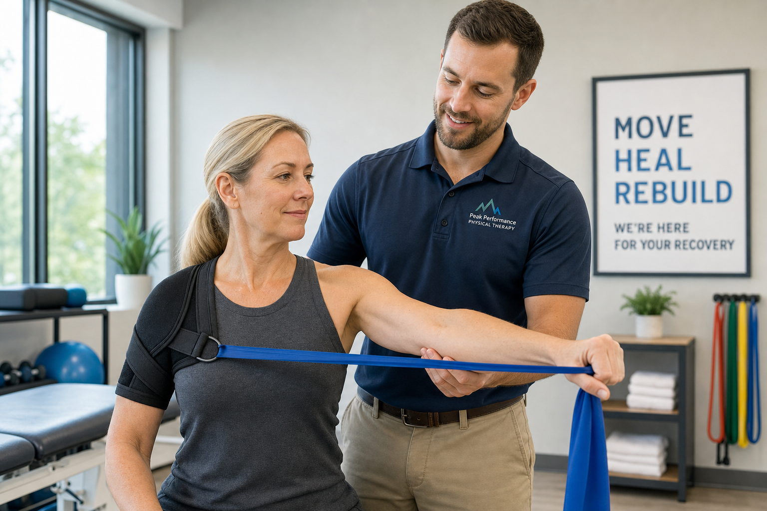 Physical therapist assisting a patient with shoulder rehabilitation exercises after shoulder replacement surgery