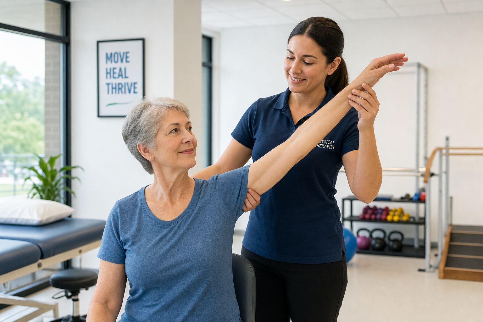 Physical therapist assisting a patient with shoulder rehabilitation exercises after an AC joint injury