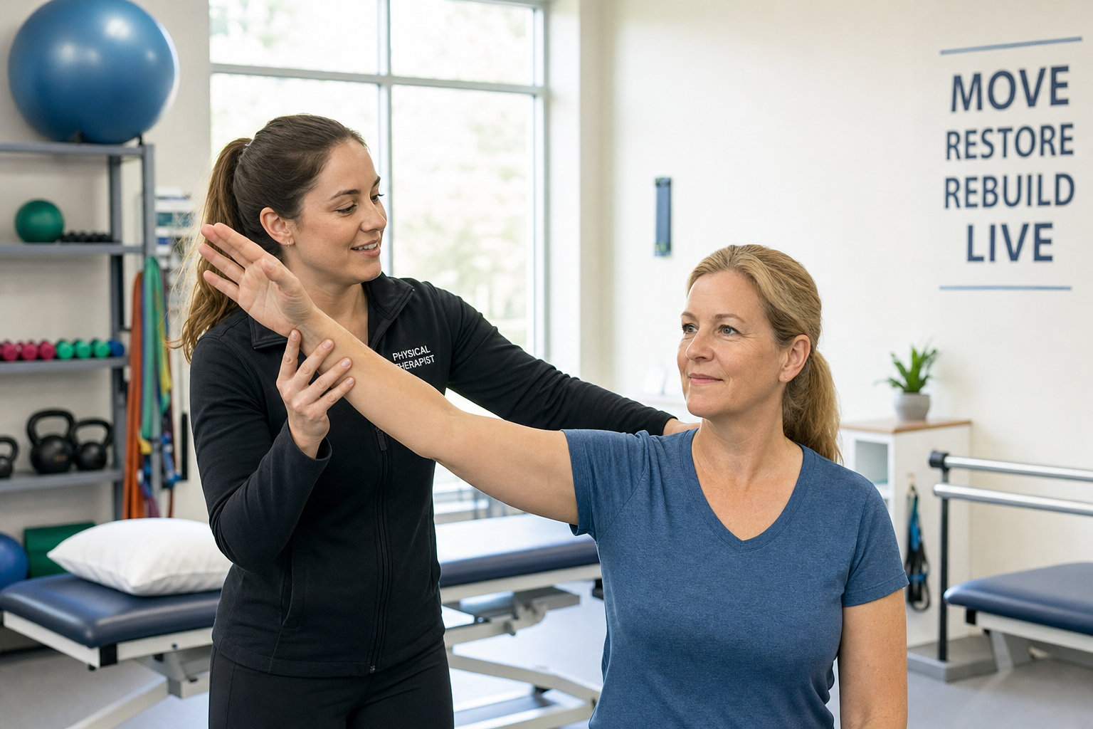 Physical therapist assisting a patient with shoulder rehabilitation exercises after stabilization surgery