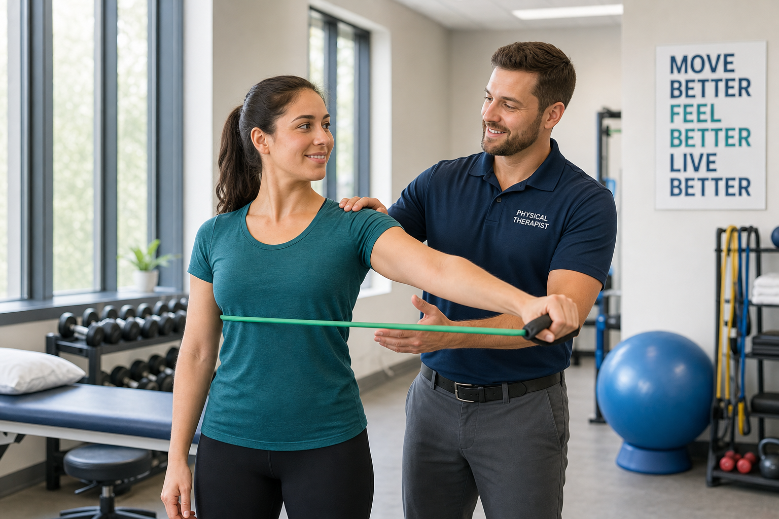 Physical therapist assisting a patient with shoulder rehabilitation exercises after rotator cuff revision surgery