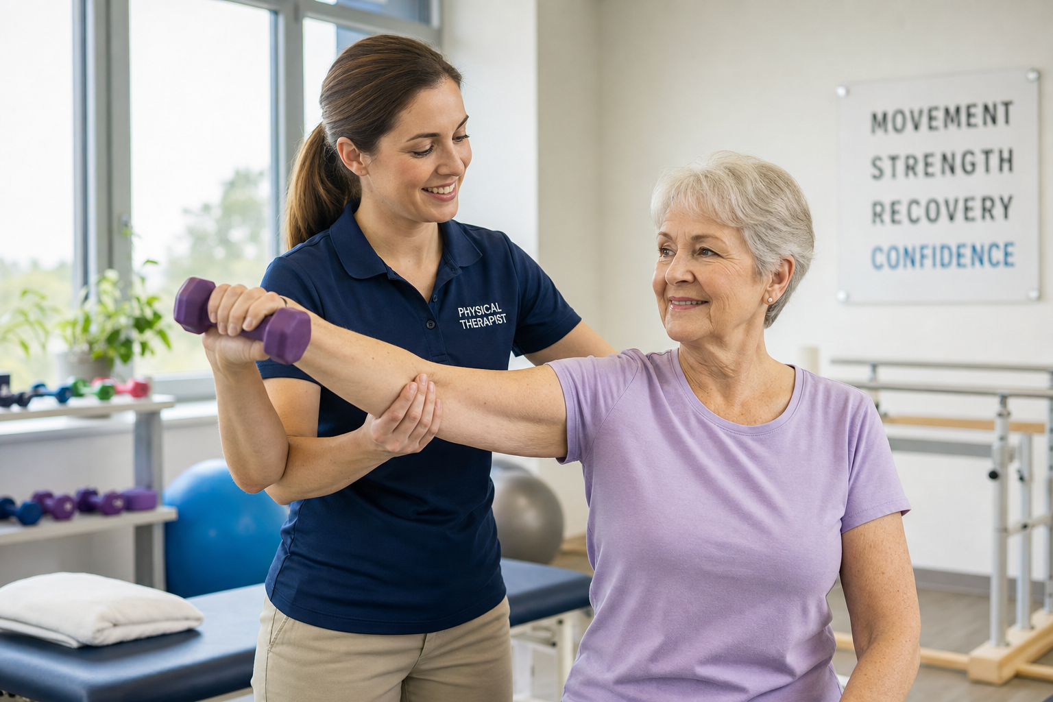 Physical therapist guiding a patient through shoulder rehabilitation exercises after reverse shoulder replacement