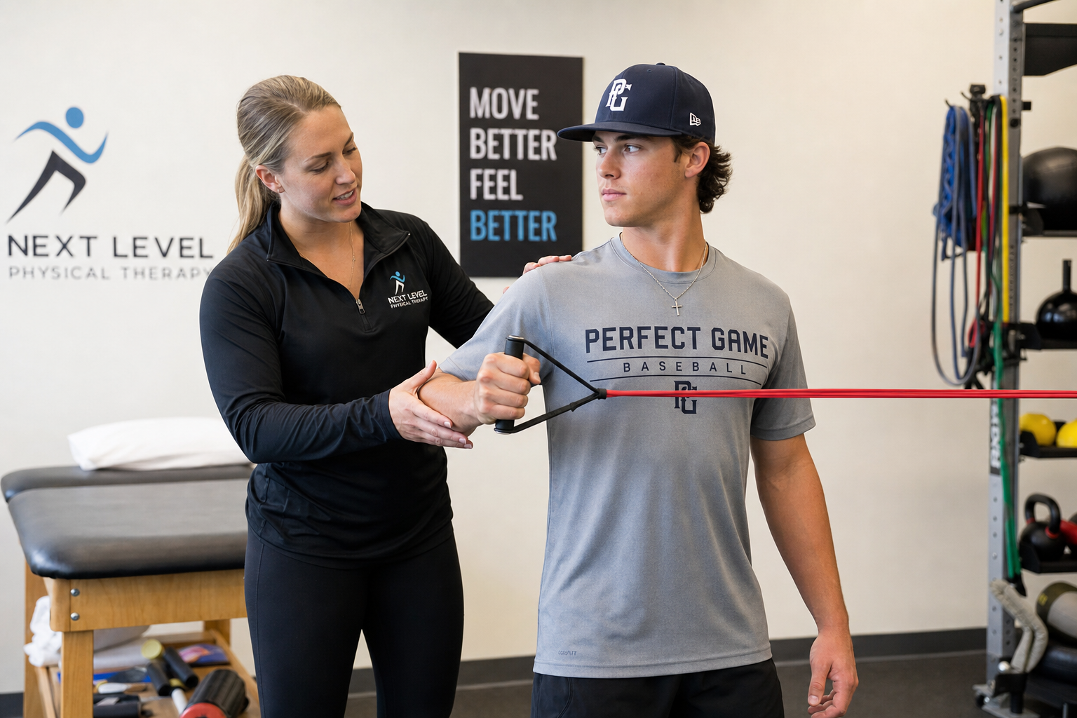 Physical therapist guiding an overhead athlete through shoulder strengthening exercises for SLAP tear rehab