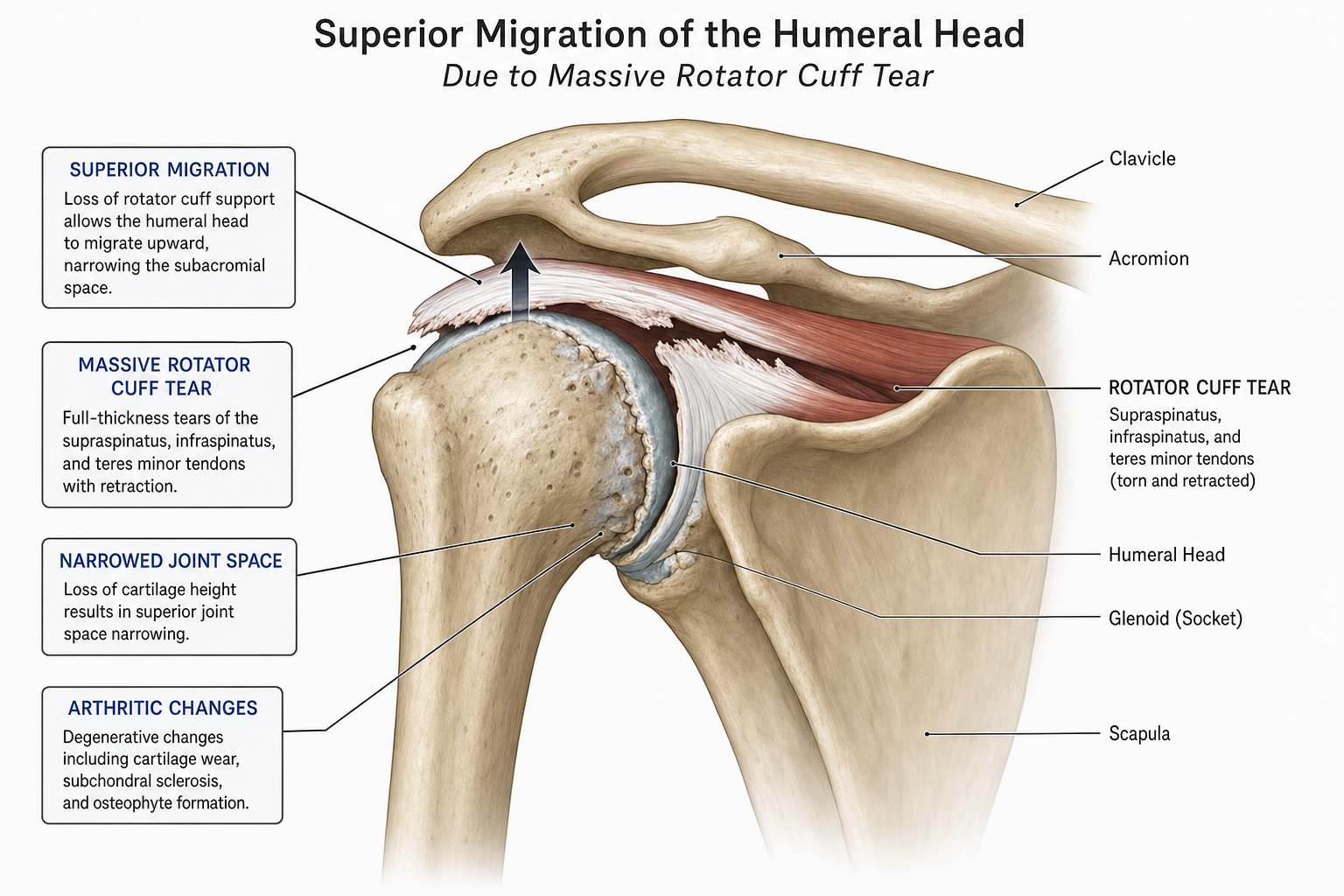 Anatomical illustration showing humeral head migration and joint damage caused by cuff tear arthropathy
