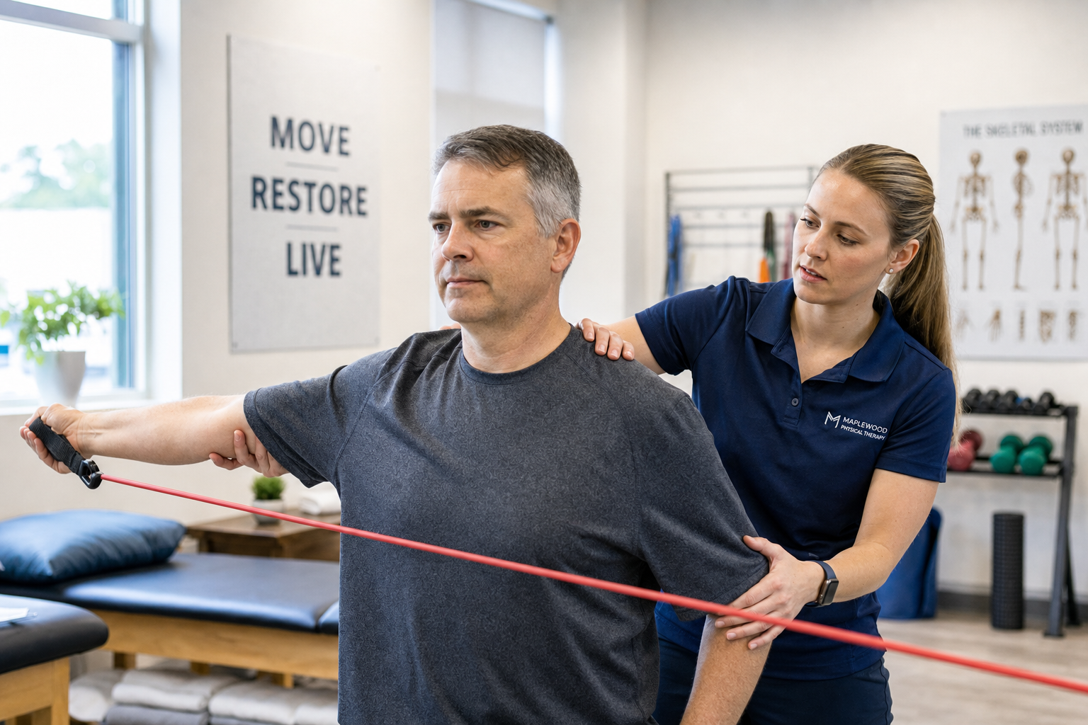 Physical therapist guiding a patient through shoulder rehabilitation exercises in a clinical gym setting