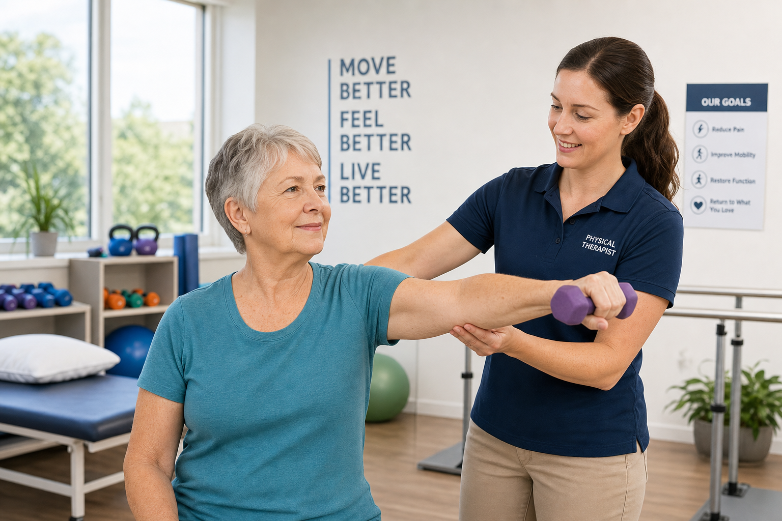 Physical therapist assisting patient with shoulder rehabilitation exercises after shoulder replacement surgery