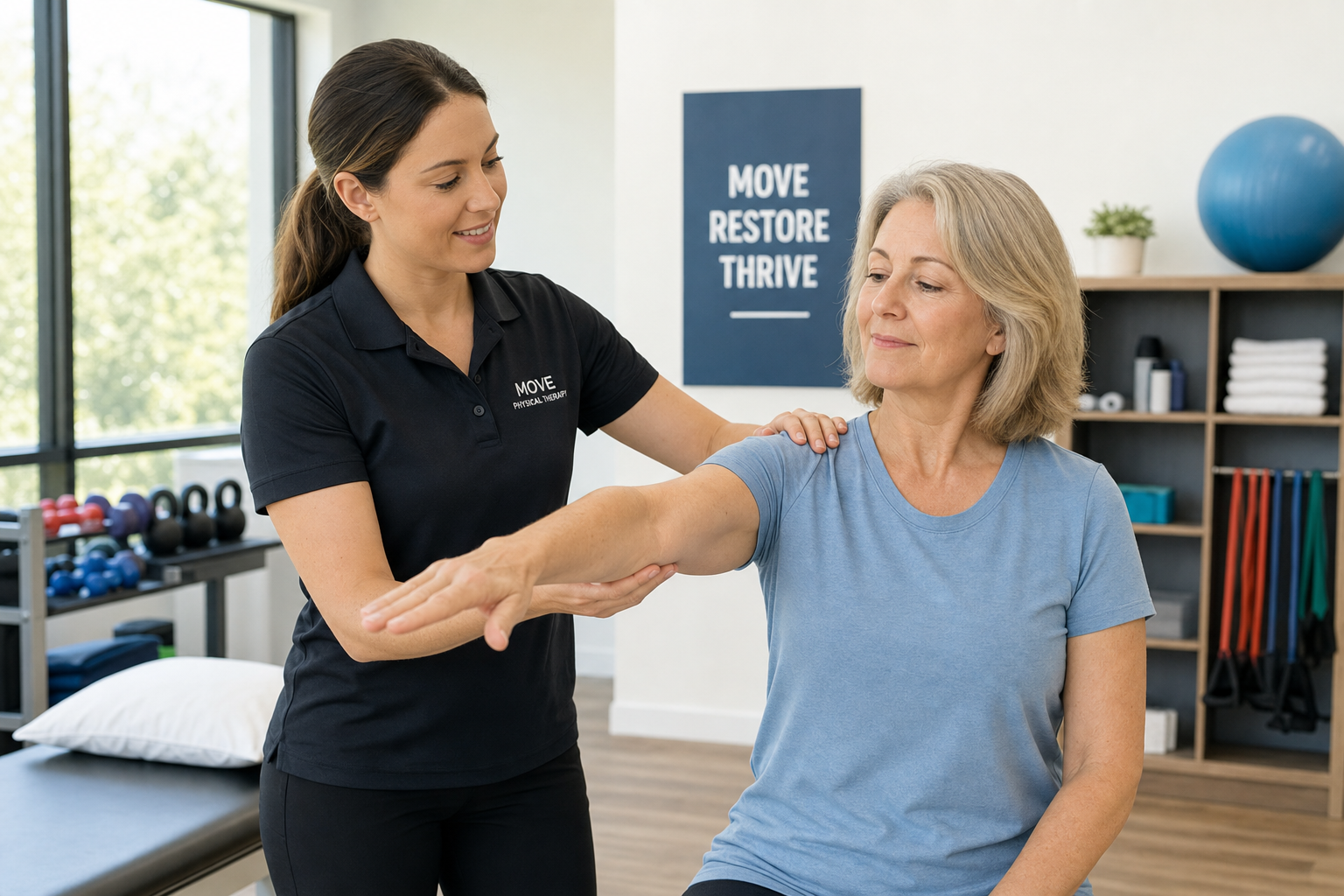 Physical therapist assisting patient with shoulder rehabilitation exercise in a clinical setting