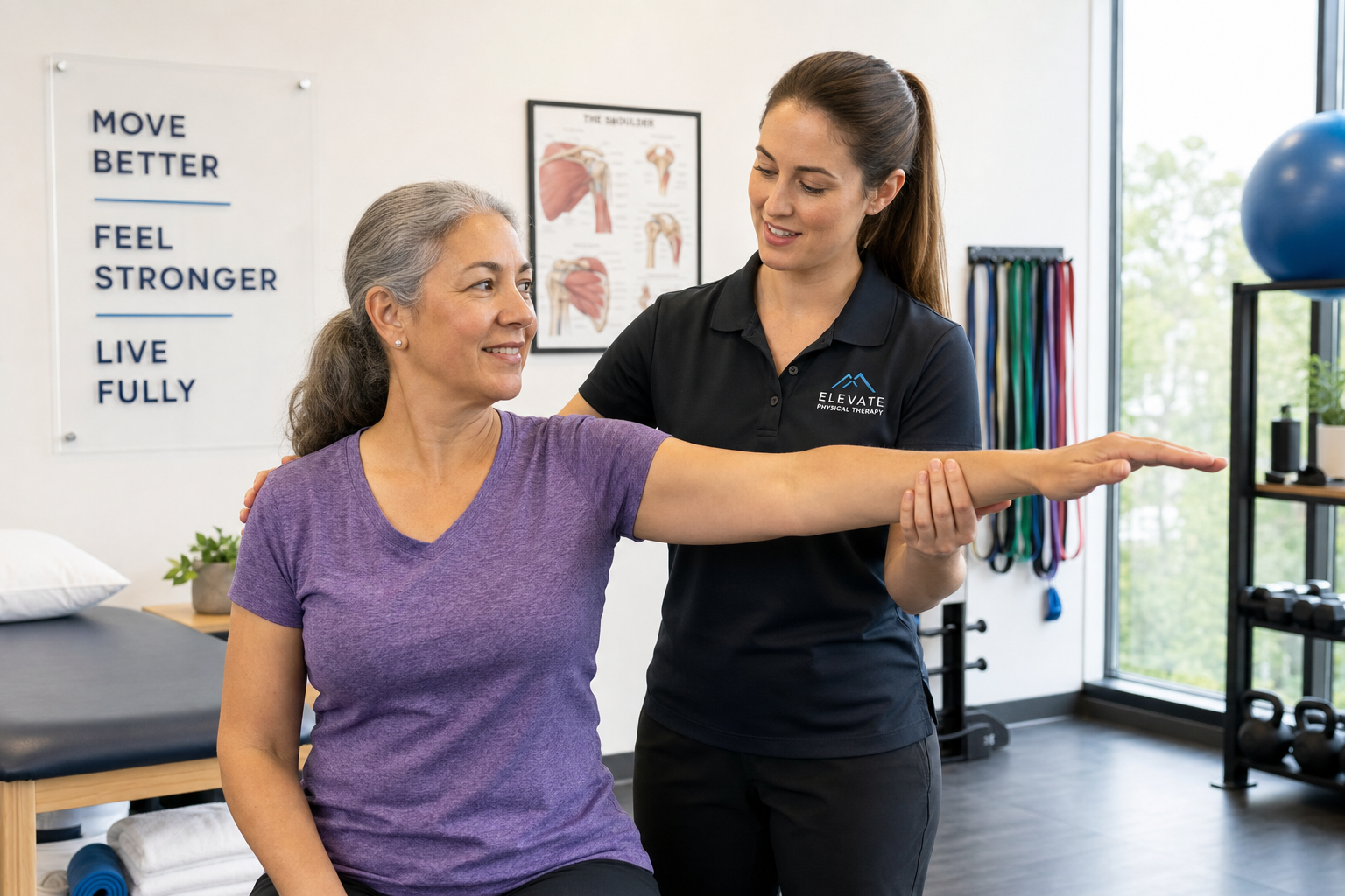 Physical therapist assisting a patient with shoulder range-of-motion exercises in a rehabilitation clinic