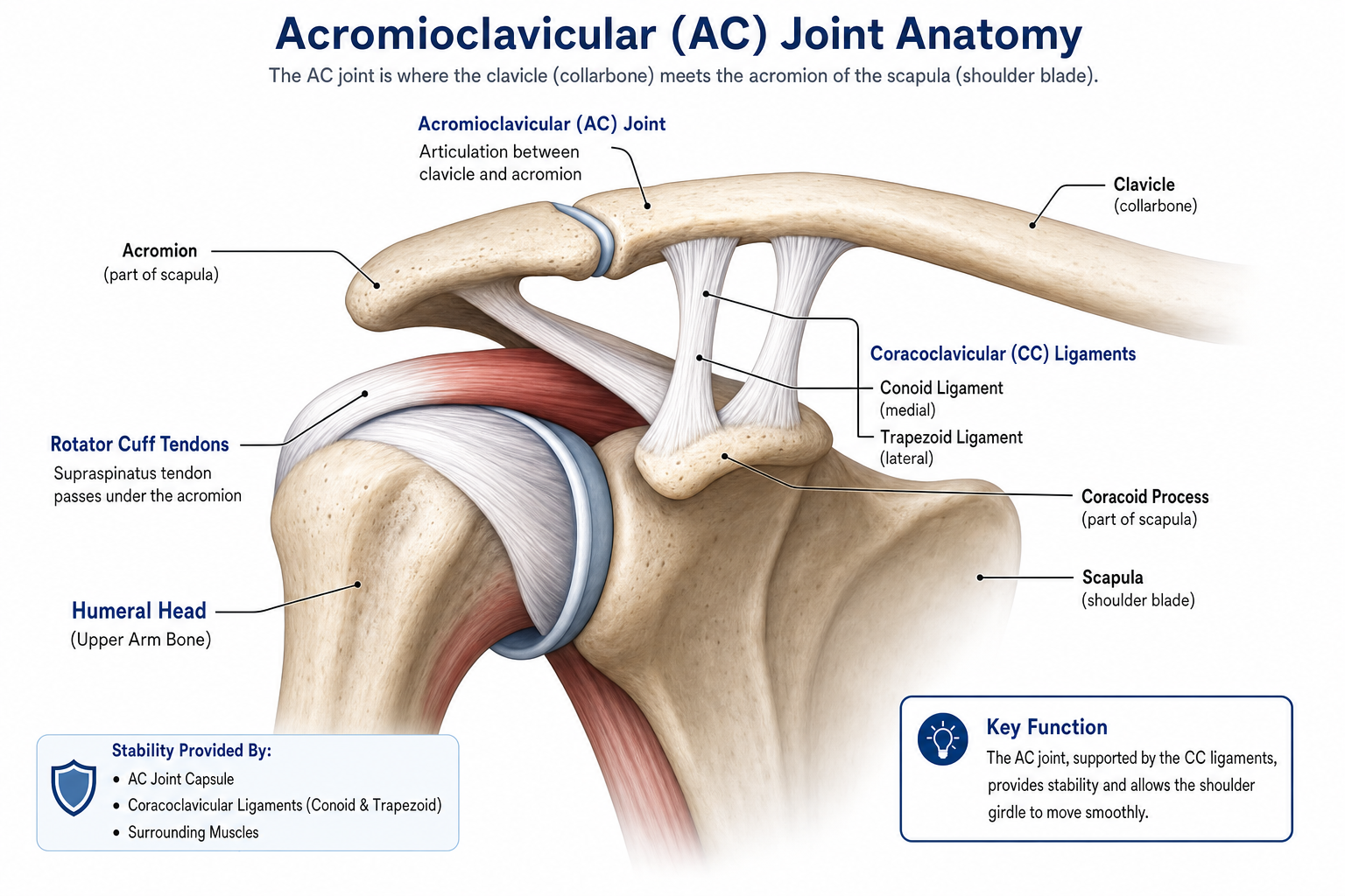 Anatomical illustration of the acromioclavicular joint showing clavicle, acromion, and ligament structures