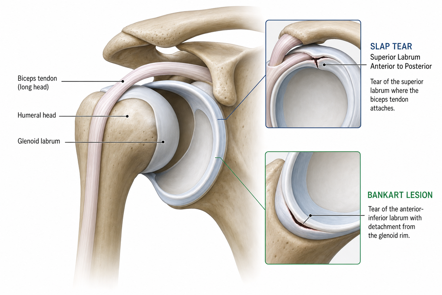 Anatomical illustration of the shoulder labrum showing SLAP tear and Bankart lesion locations