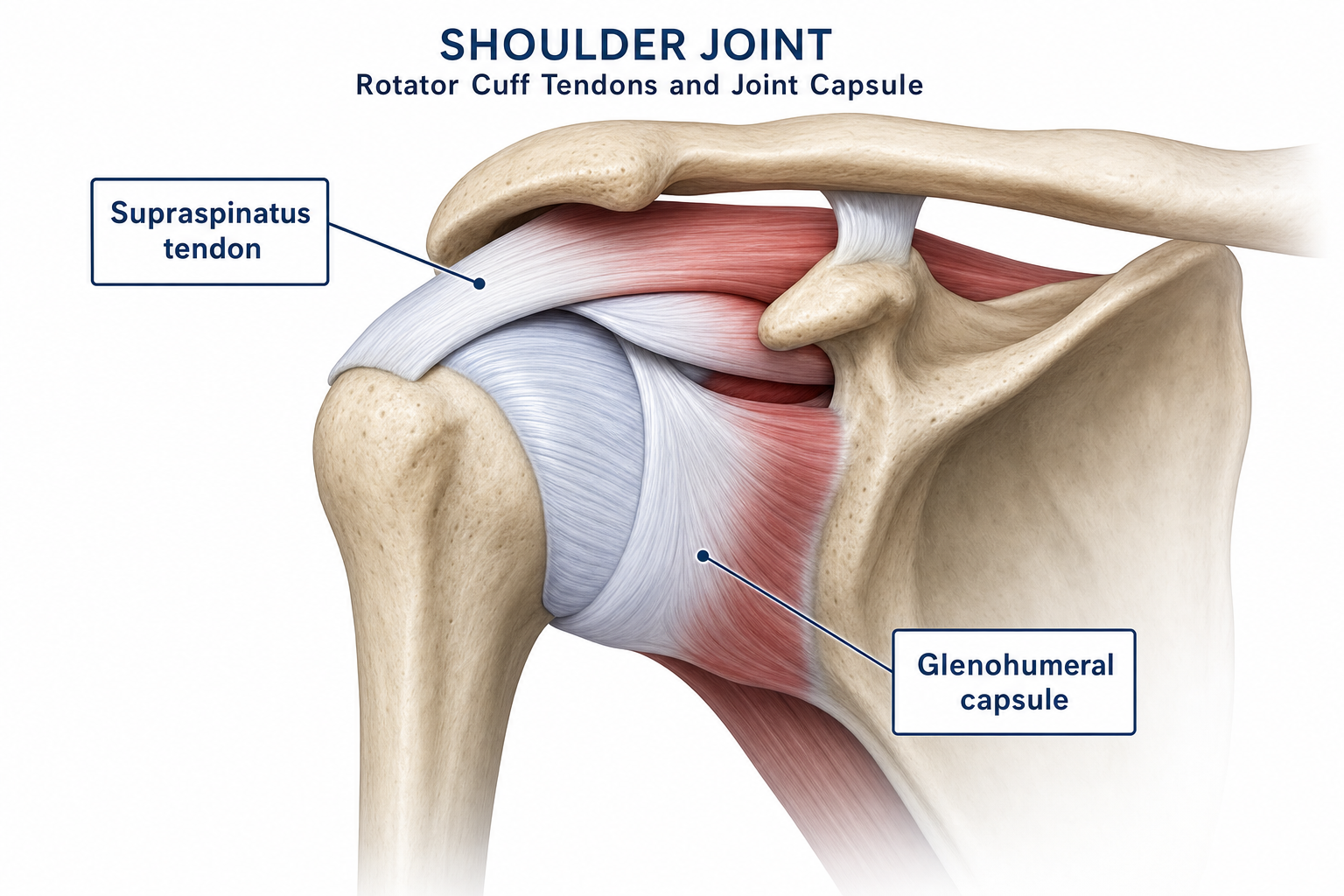 Anatomical illustration of the shoulder joint showing rotator cuff tendons and joint capsule