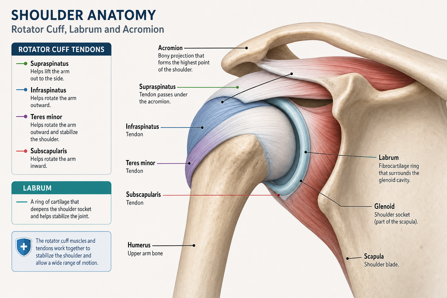 Anatomical illustration of the shoulder joint showing rotator cuff tendons, labrum, and acromion