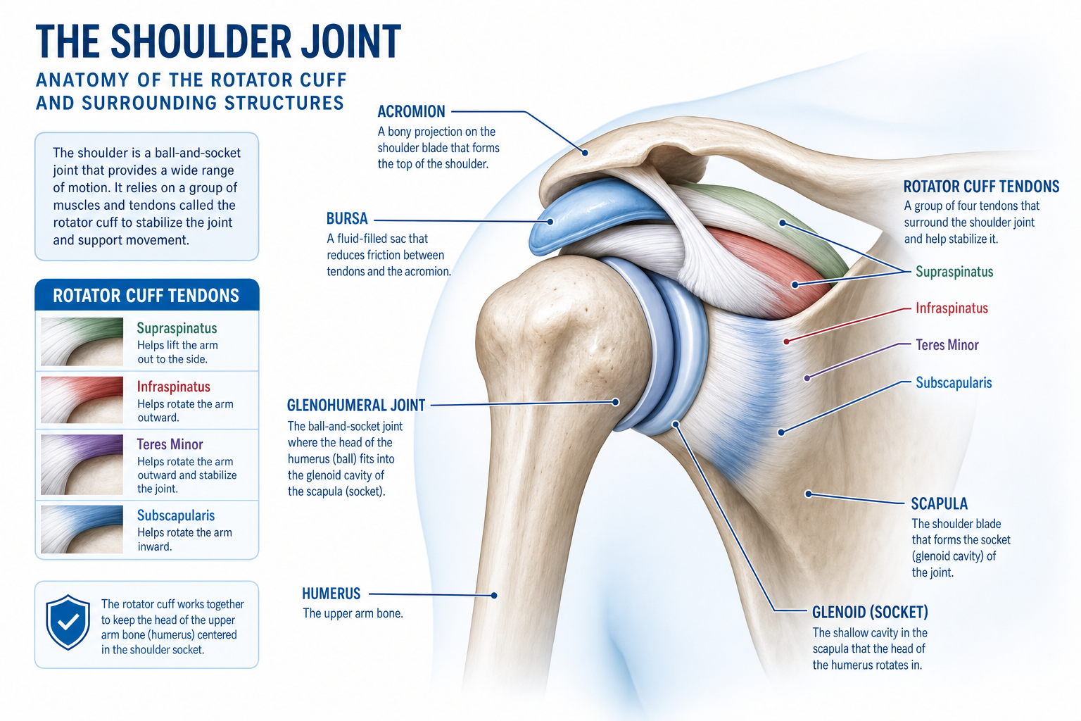 Anatomical illustration of the shoulder joint showing rotator cuff tendons and glenohumeral joint structure