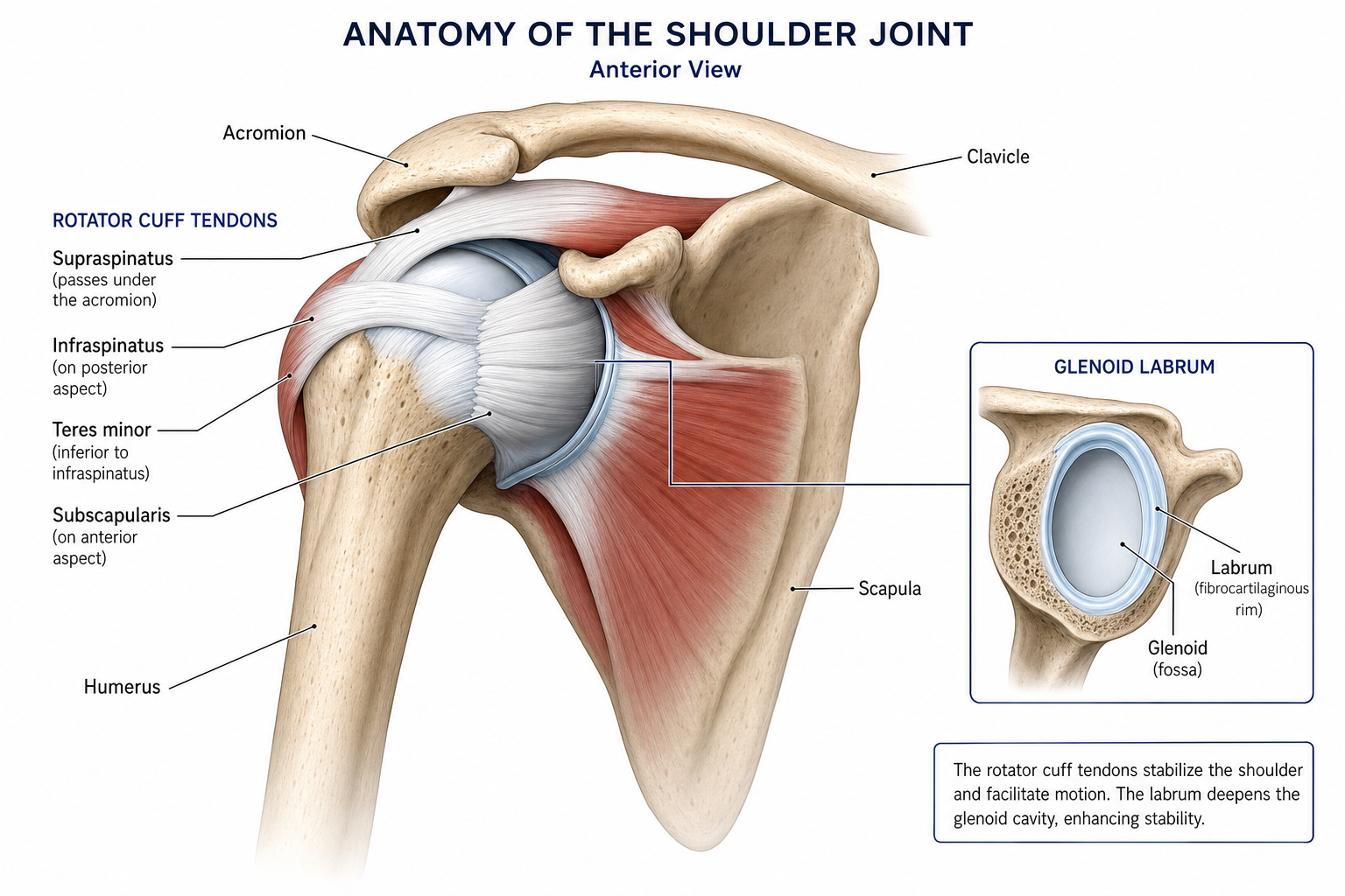 Anatomical illustration of the shoulder joint showing rotator cuff tendons and labrum