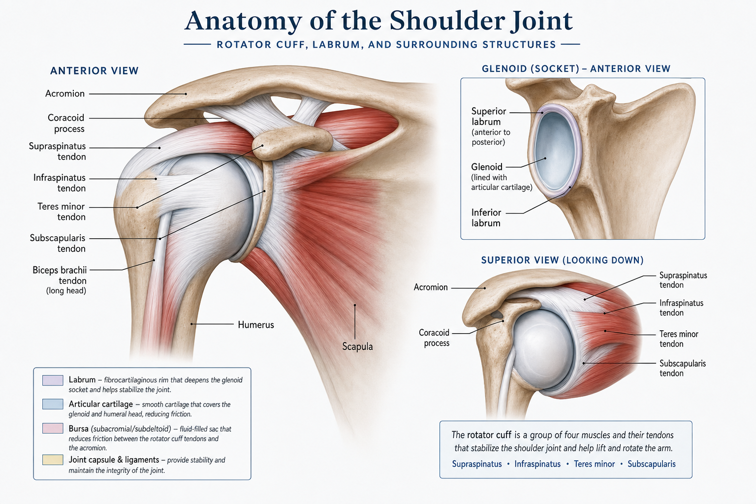 Anatomical diagram of the shoulder joint showing rotator cuff tendons and labrum structures
