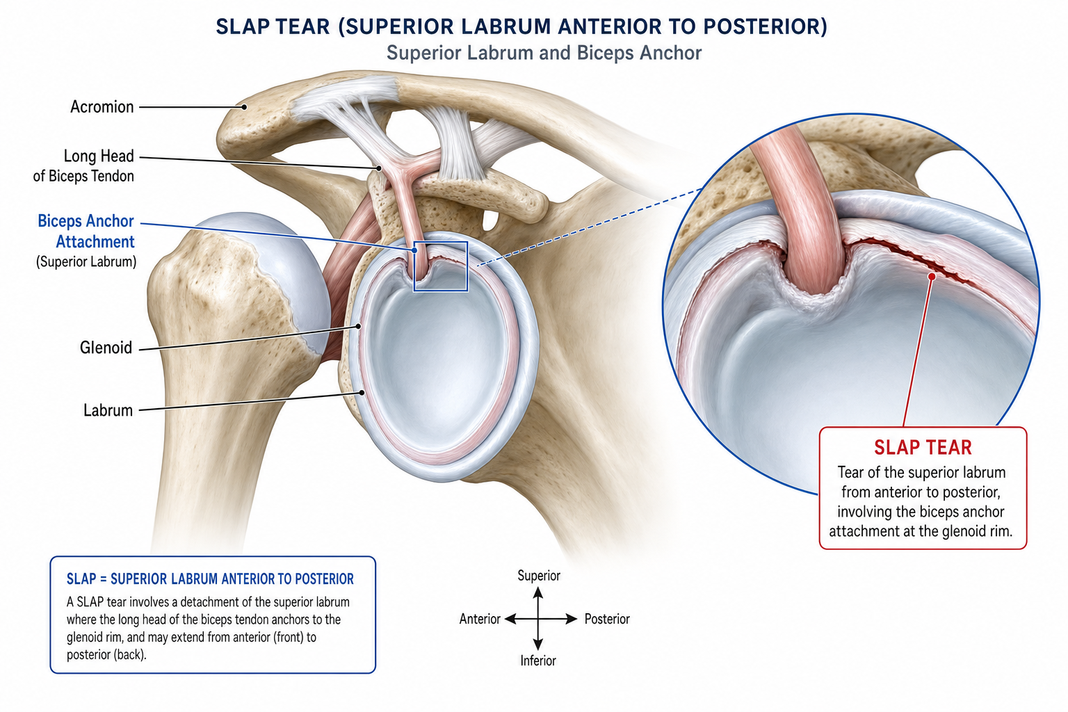 Anatomical illustration of the shoulder joint showing a SLAP tear at the superior labrum and biceps anchor