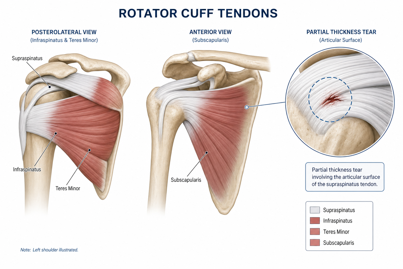 Anatomical diagram of the rotator cuff showing a partial thickness supraspinatus tear location