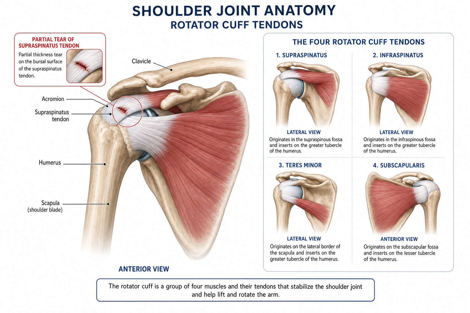 Anatomical illustration of the shoulder rotator cuff showing a supraspinatus tendon tear