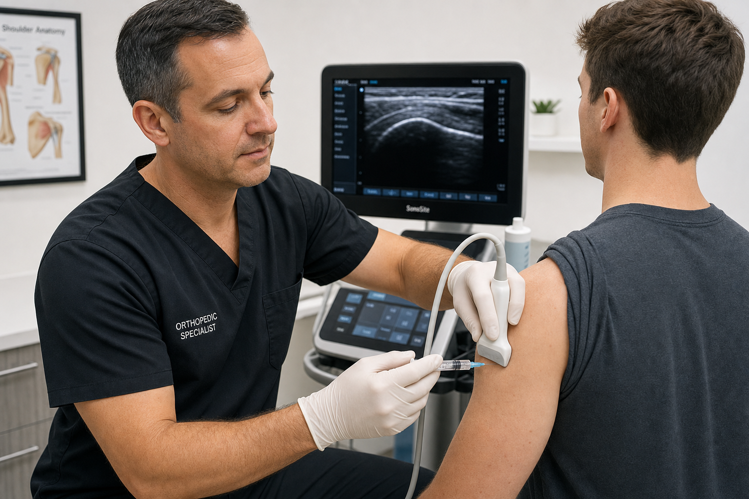 Orthopedic specialist performing an ultrasound-guided PRP shoulder injection in a clinical exam room