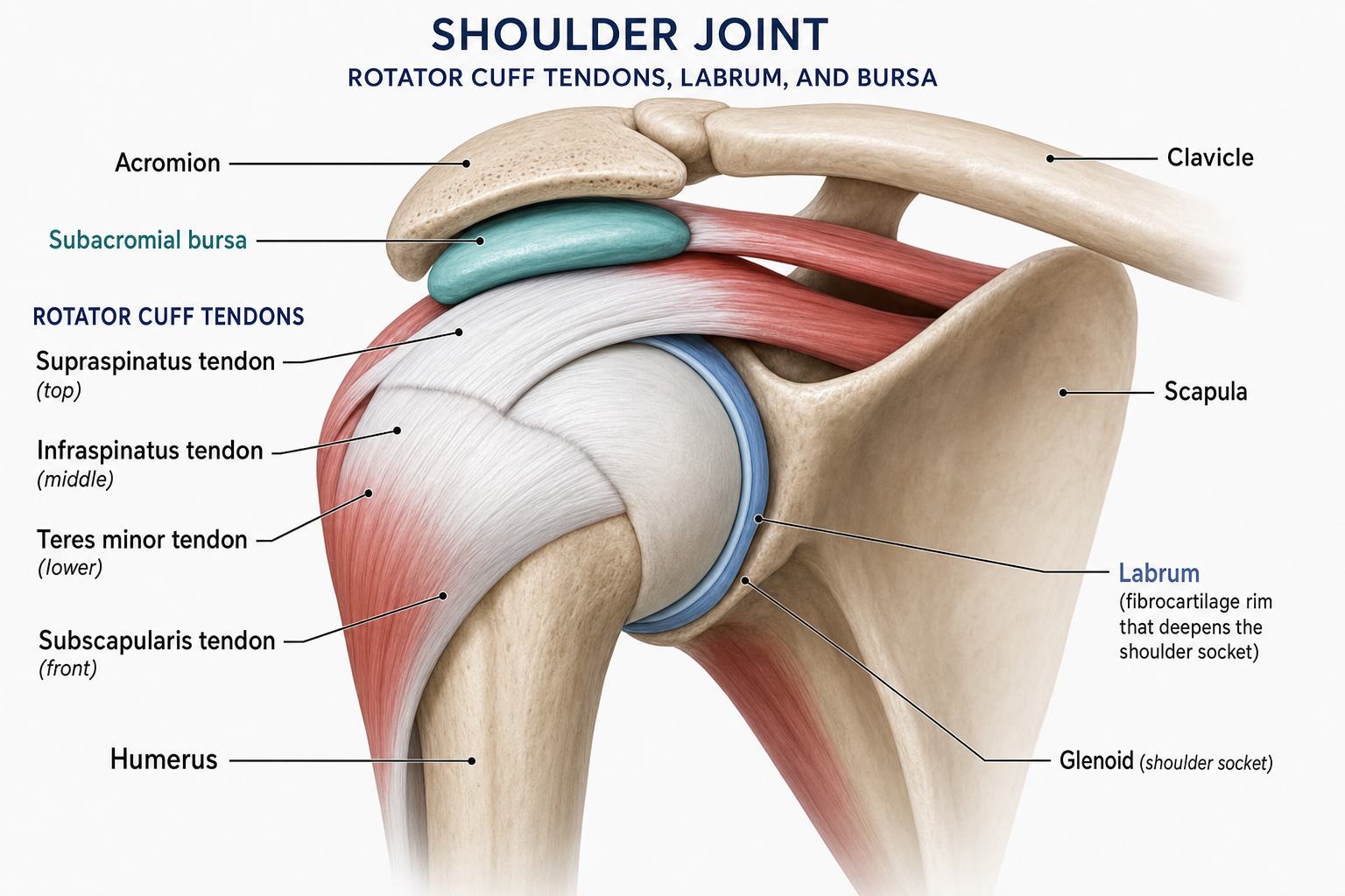 Anatomical illustration of the shoulder joint showing rotator cuff tendons and labrum structures