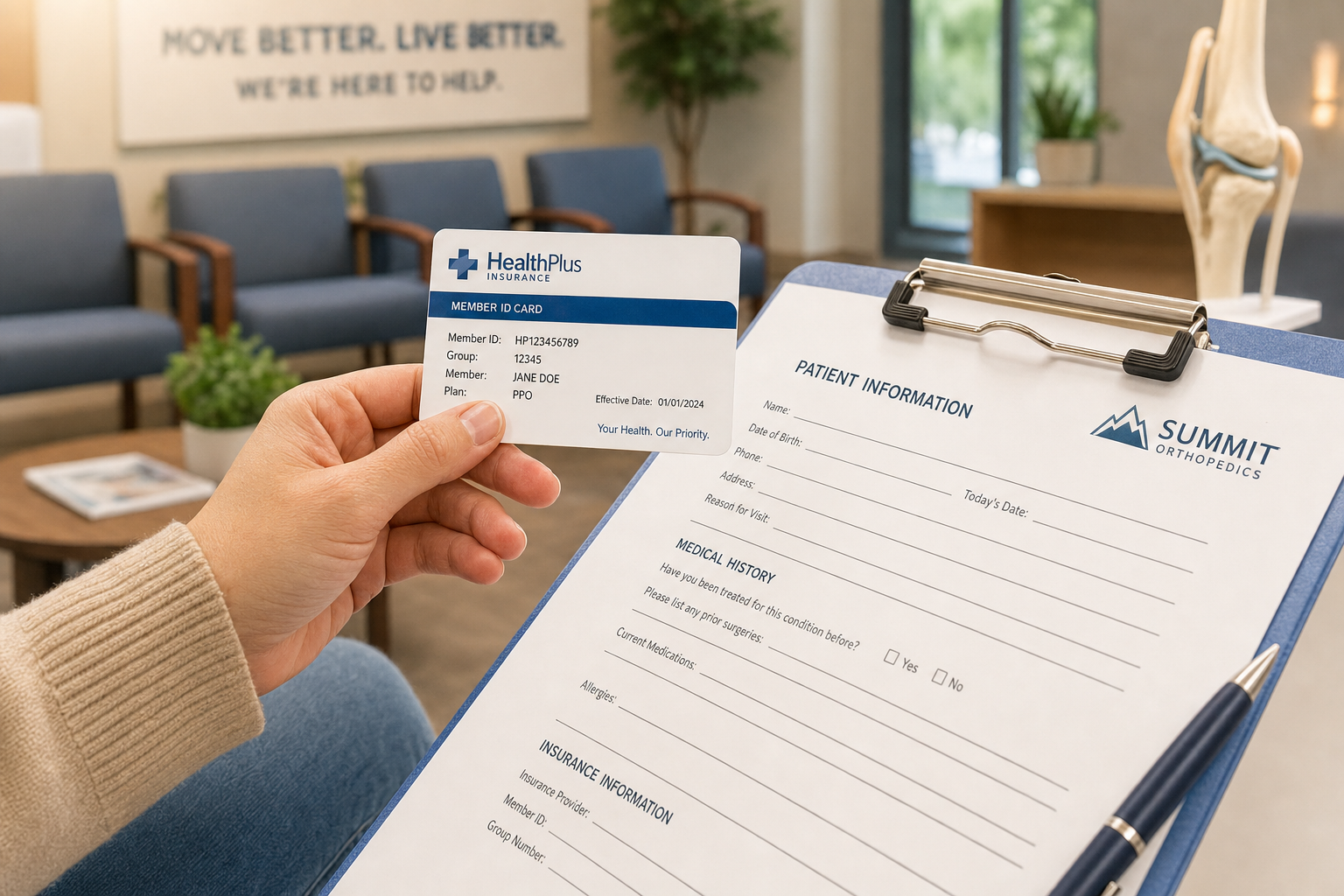 Patient holding insurance card and medical paperwork at an orthopedic office in Clermont FL