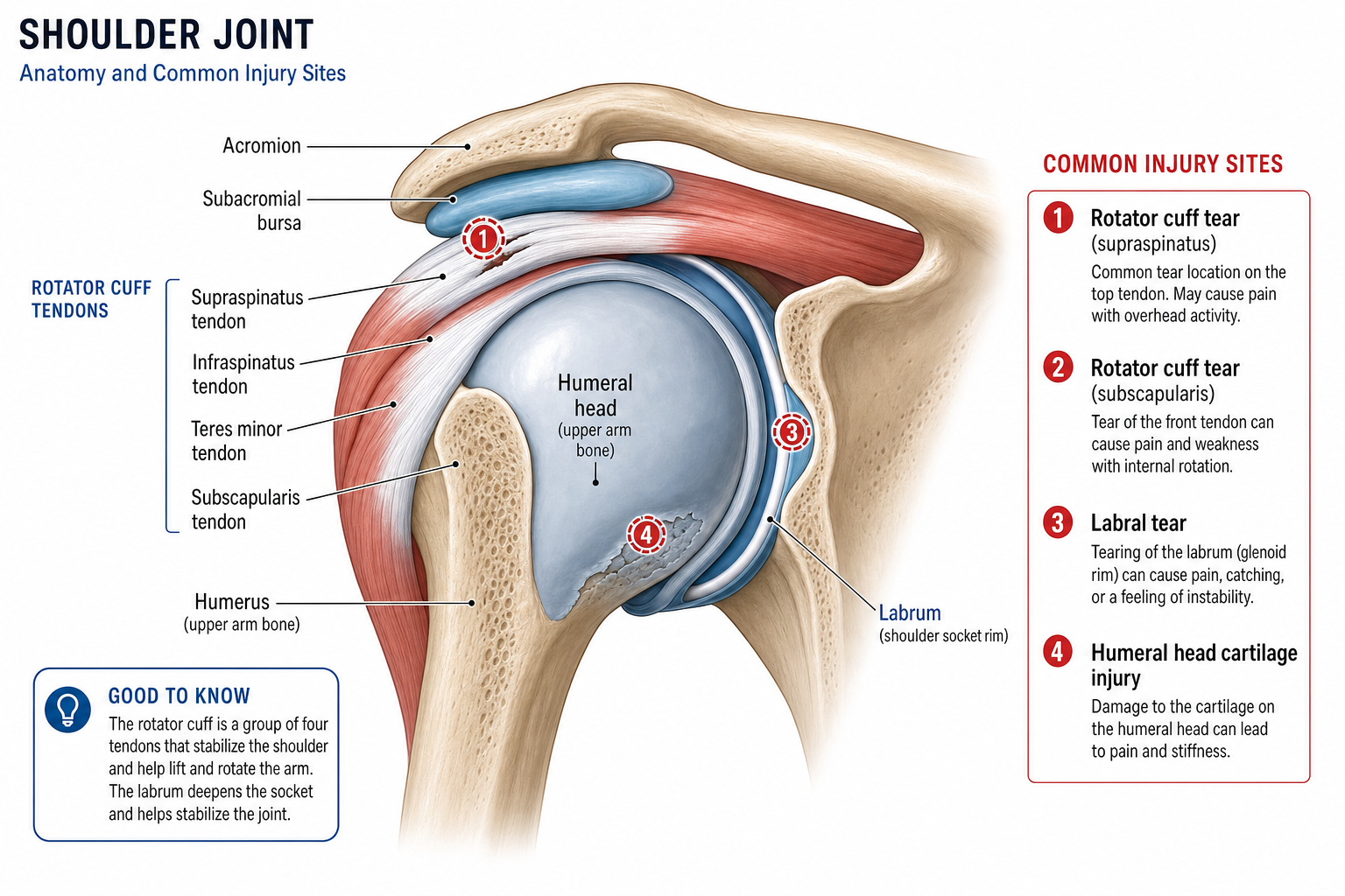 Anatomical illustration of the shoulder joint showing rotator cuff tendons and labrum for patient education