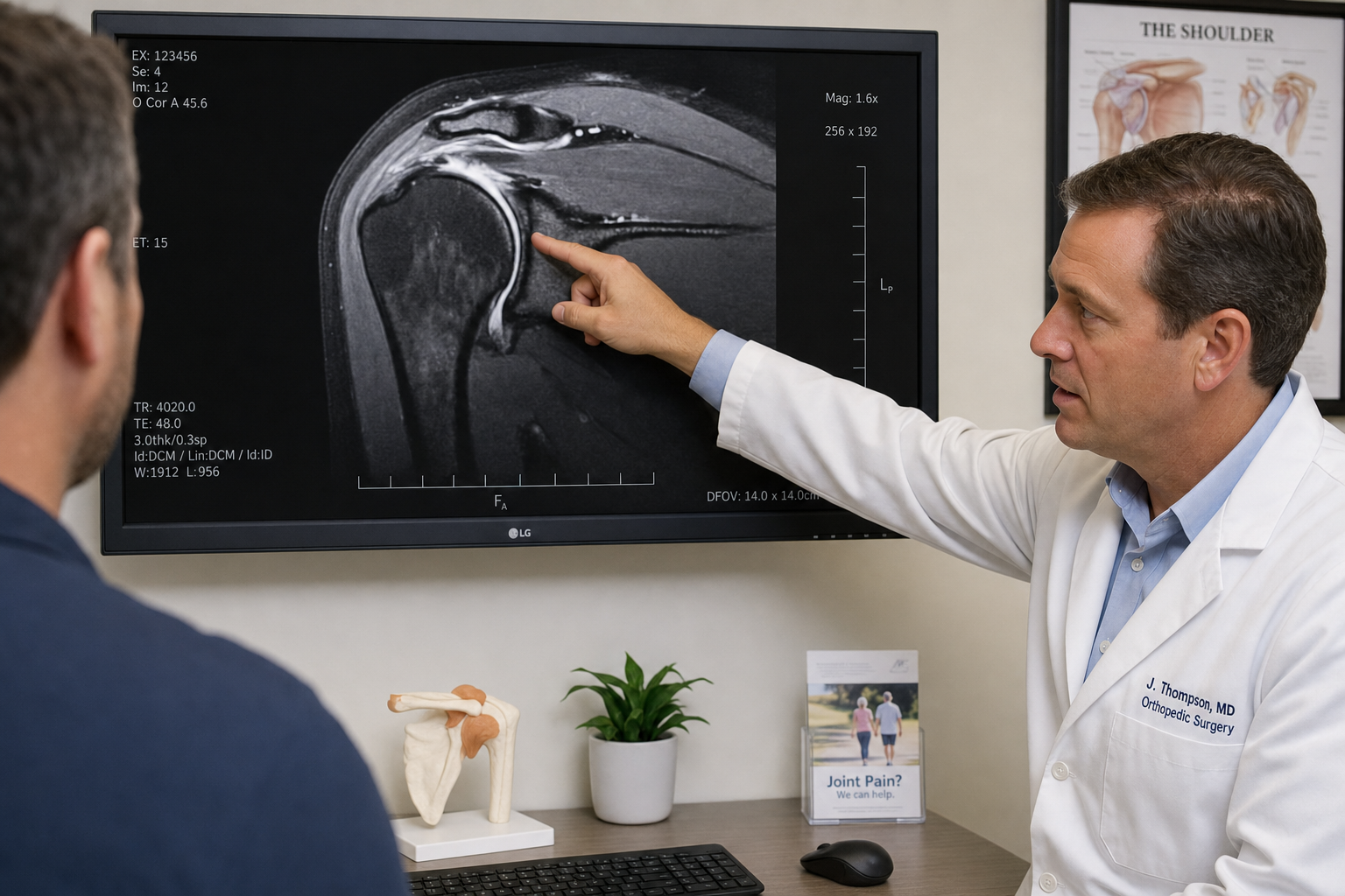 Orthopedic surgeon reviewing shoulder MRI scan with patient during second opinion consultation