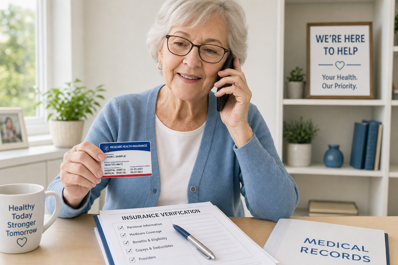 Senior patient reviewing Medicare insurance paperwork and speaking on the phone about shoulder surgery coverage