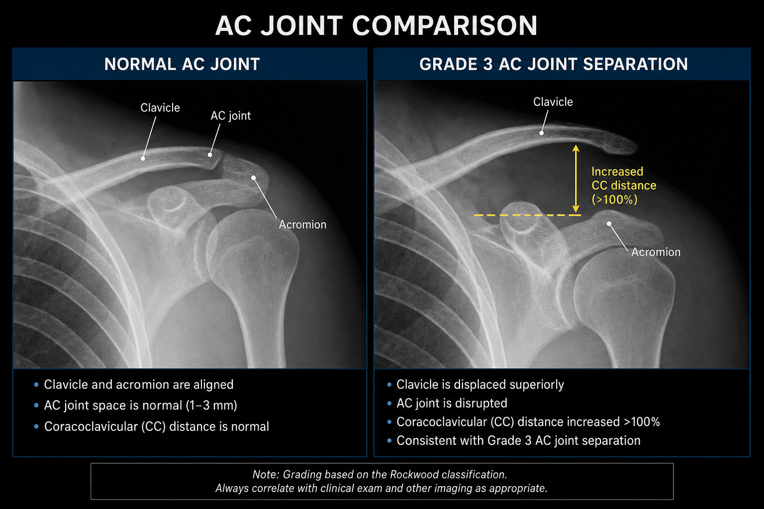 Shoulder X-ray comparison showing normal AC joint versus Grade 3 AC joint separation with clavicle displacement