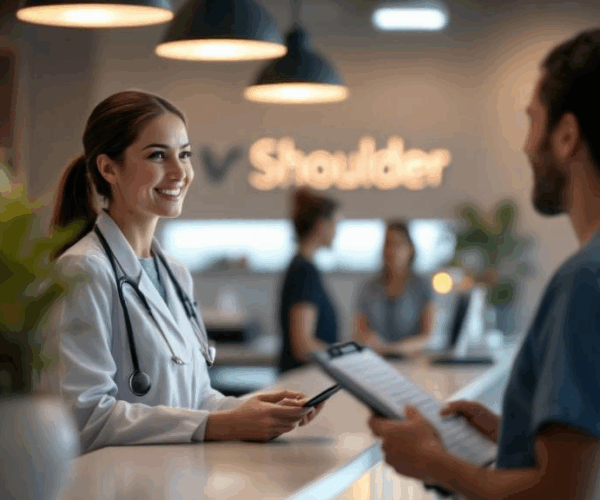 Patient checking in at shoulder clinic front desk in Clermont FL