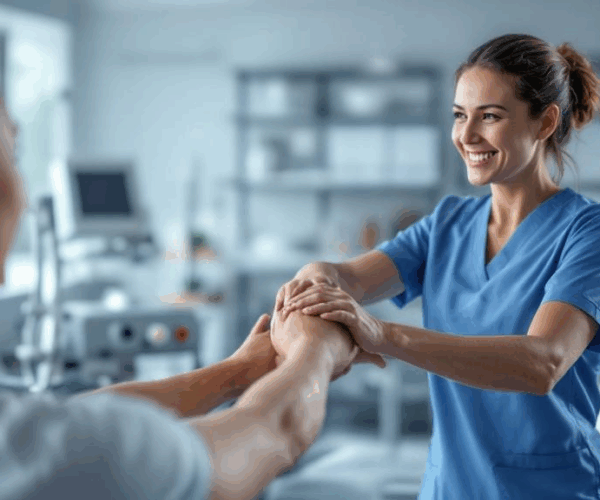 Patient doing guided shoulder rehab after rotator cuff repair surgery