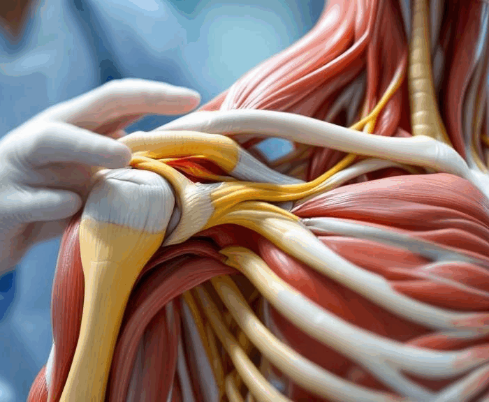 Doctor showing rotator cuff anatomy during shoulder injury consultation