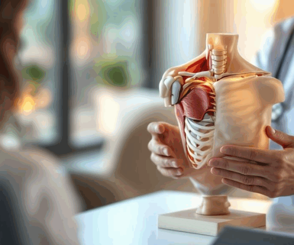 Doctor explaining shoulder anatomy during PRP treatment consultation