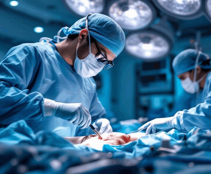 Orthopedic surgeon performing minimally invasive shoulder arthroscopy in a sterile operating room