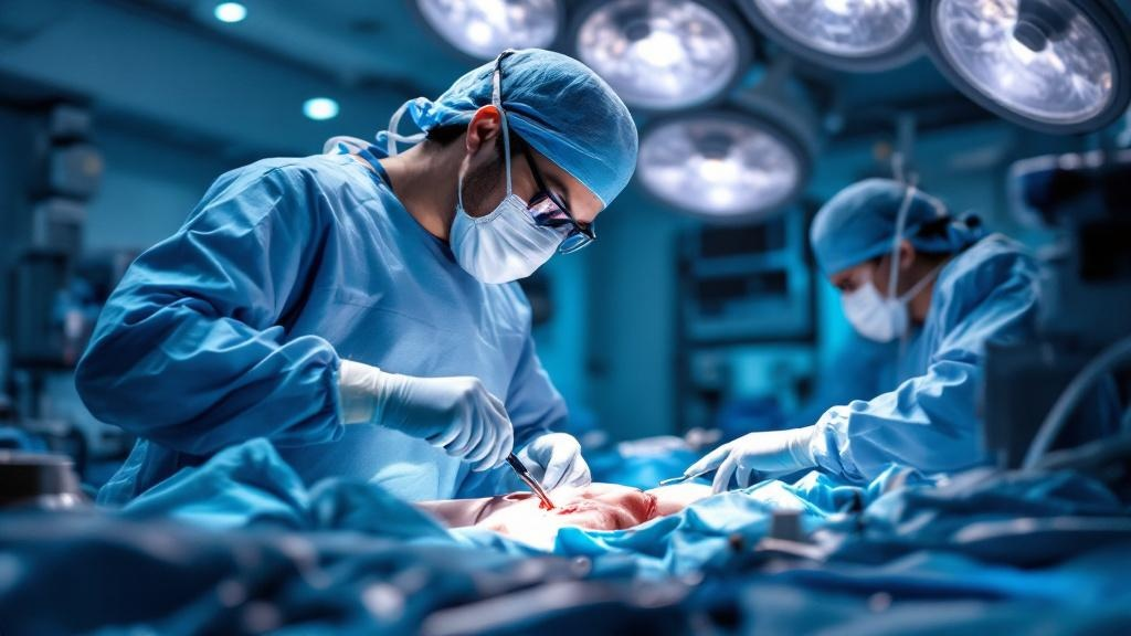 Orthopedic surgeon performing minimally invasive shoulder arthroscopy in a sterile operating room