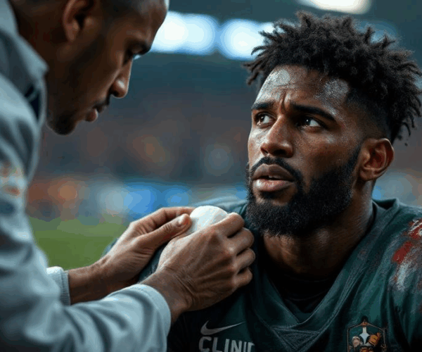 Clinician applying cold therapy wrap to athletes shoulder injury