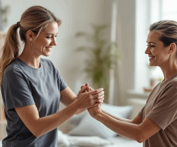 Patient performing external rotation shoulder exercise during post surgical rehab