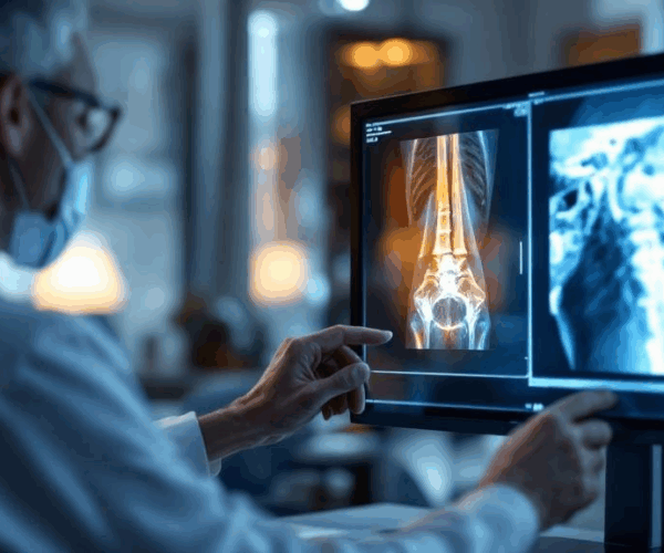 Shoulder surgeon comparing imaging during second opinion consultation