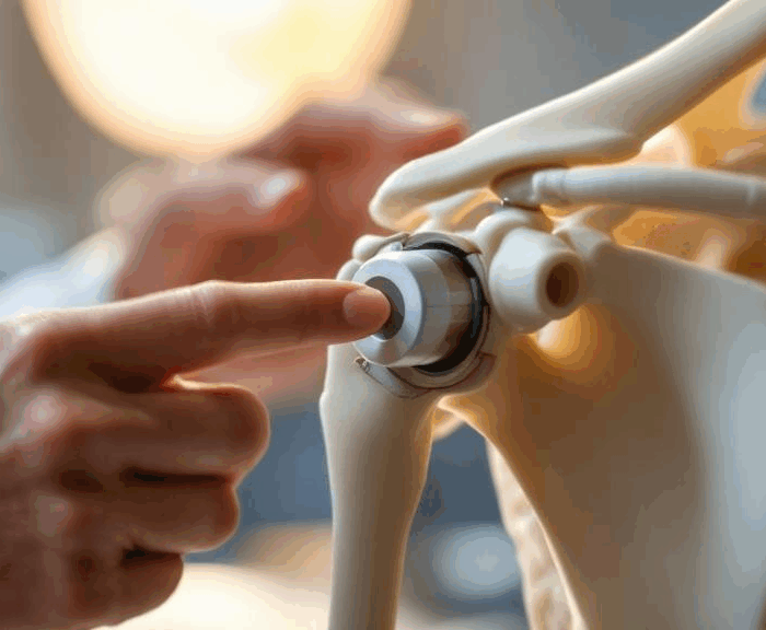 Orthopedic surgeon explaining total shoulder replacement implant