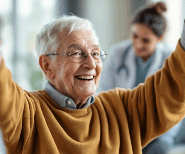 Patient showing restored shoulder movement after replacement surgery