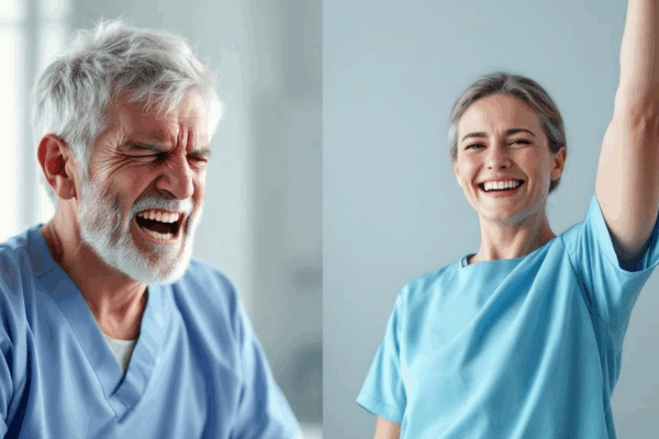 Before and after shoulder surgery recovery showing improved mobility