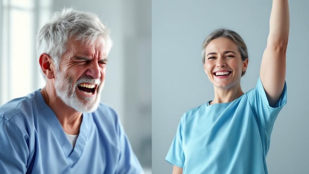 Before and after shoulder surgery recovery showing improved mobility